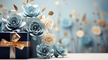 Blue gift box with blue roses and golden bow on white table