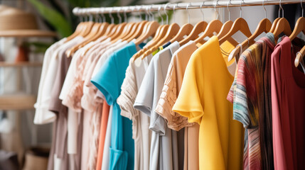 Fototapeta premium clothes in shop, Trendy cotton female clothes display on mannequin in clothes shop. Summer collection fashion product samples in clothing store for selling, Ai generated image