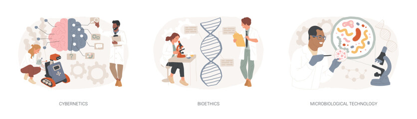 Biological science isolated concept vector illustration set. Cybernetics and bioethics, microbiological technology, robotic industry, medical ethics and biotech research, laboratory vector concept.