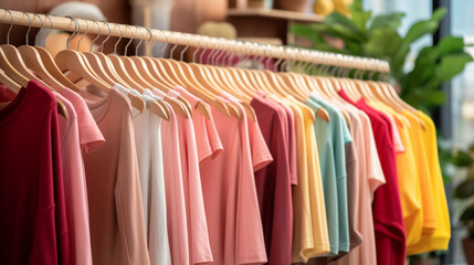 clothes on hangers in shop,  Trendy cotton female clothes display on mannequin in clothes shop. Summer collection fashion product samples in clothing store for selling, Ai generated image