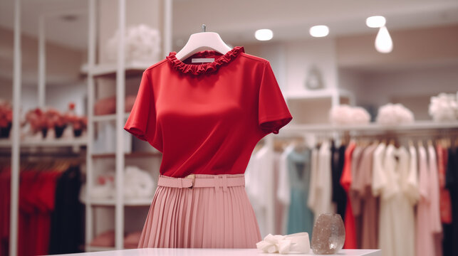 Red Dress and clothes on hangers, Trendy cotton female clothes display on mannequin in clothes shop. Summer collection fashion product samples in clothing store for selling, Ai generated image 