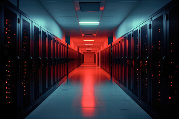 A high-tech data center server room with red ambient lighting and rows of server hardware. - obrazy, fototapety, plakaty