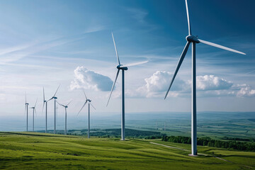 A serene landscape showcasing a row of wind turbines harnessing energy on a sunny day with lush green fields and blue skies.