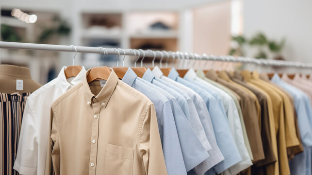 shirts on hangers, Trendy cotton Men shirt display on mannequin in clothes shop. Summer collection fashion product samples in clothing store for selling , Ai generated image