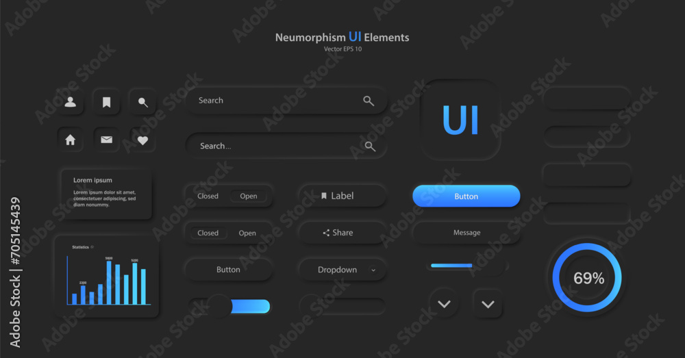 Poster a set of user interface elements for a mobile application in black and blue. buttons for mobile devi