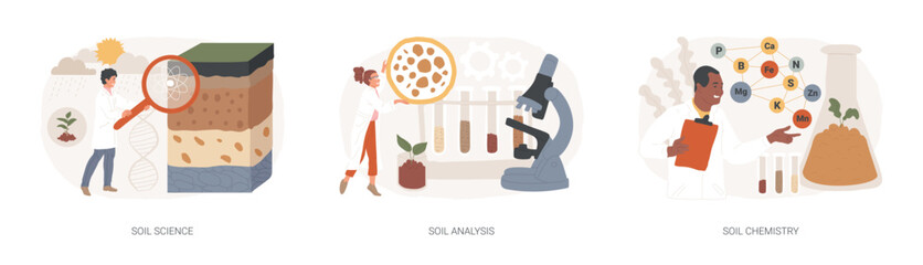 Soil properties isolated concept vector illustration set. Soil science, agricultural analysis and chemical laboratory service, land management, natural resource study and testing vector concept.