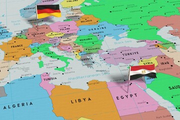 Germany and Egypt - pin flags on political map - 3D illustration