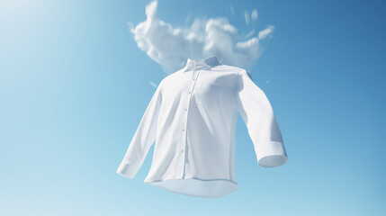 White shirt with ghost model floating in blue background. Snow-white shirt flies in the sky against the clouds. Perfectly white clothes after washing, without human body. Bleach, laundry, dry, Ai - obrazy, fototapety, plakaty