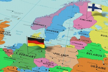 Germany and Finland - pin flags on political map - 3D illustration