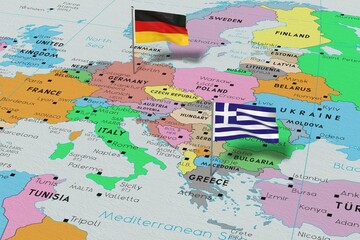 Germany and Greece - pin flags on political map - 3D illustration