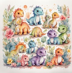 Baby Dinosaurs watercolor illustration with cute animals for nursery and baby shower