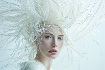 High fashion portrait of a blonde woman, avant-garde hairstyle, white background