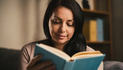 Adult woman is reading a book at home