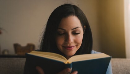 Adult woman is reading a book at home
