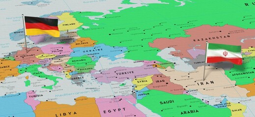 Germany and Iran - pin flags on political map - 3D illustration