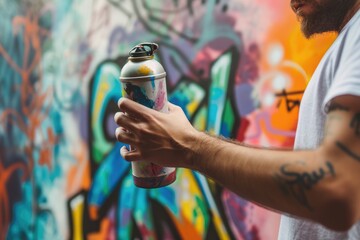 Naklejka premium Man as a graffiti artist, spray cans in hand, urban art