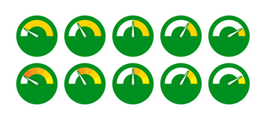 green and orange speedometer set. ten step display concept. speedometer set for industry, business and sports