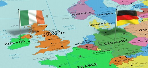 Germany and Ireland - pin flags on political map - 3D illustration