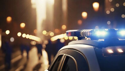 Blurred background of police flashing lights at the crime scene - obrazy, fototapety, plakaty
