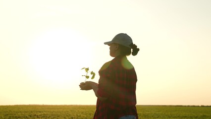 At sunset, a woman farmer envelops her heart with love for nature, right in her hands she holds a...