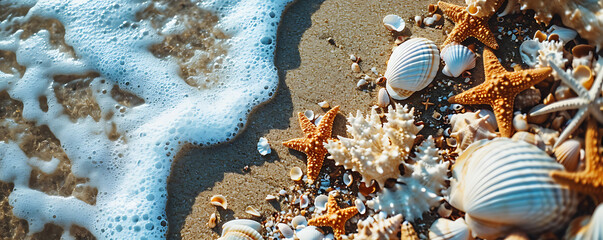  Top view of sandy beach with white seashells and starfish, ideal for summer travel design