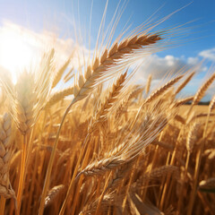 Close view of golden agriculture wheat field