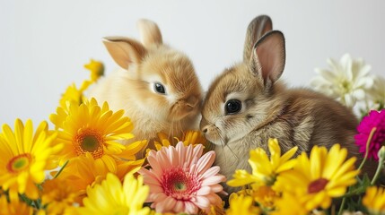 Cute baby Easter bunnies with a bouquet of yellow and red flowers on white background.
