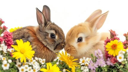 Cute baby Easter bunnies with a bouquet of yellow and red flowers on white background.