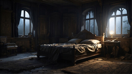 bedroom with scary mattress, old abandoned bedroom - obrazy, fototapety, plakaty