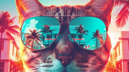 Trendy cat with mirrored sunglasses. Cool vacation vibes. Trendy fashionable neon colors.