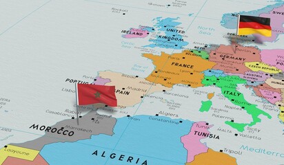 Germany and Morocco - pin flags on political map - 3D illustration
