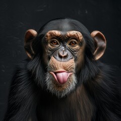 Chimp monkey with tongue out. Playful and funny chimpanzee in a friendly and playful mood.