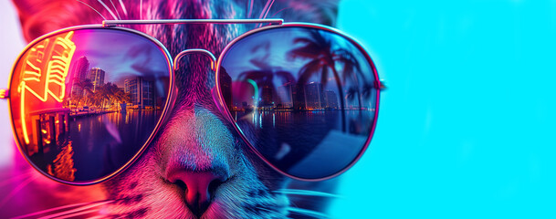 Trendy cat with mirrored sunglasses. Cool vacation vibes. Trendy fashionable neon colors.