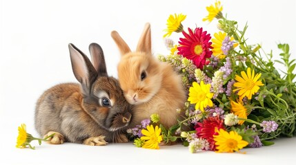 Cute baby Easter bunnies with a bouquet of yellow and red flowers on white background.