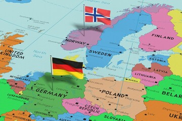 Germany and Norway - pin flags on political map - 3D illustration