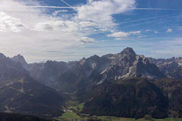 Scenic view of remote valley Fischleintal surrounded by majestic mountain range of untamed Sexten Dolomites, South Tyrol, Italy, Europe. Hiking concept Italian Alps. Looking from lift station Helmjet
