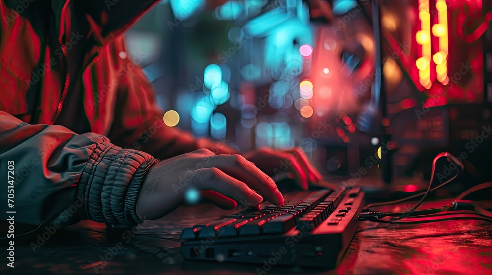Poster hacker prints a code on a laptop keyboard to break into a cyberspace