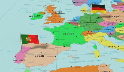 Obraz premium Germany and Portugal - pin flags on political map - 3D illustration