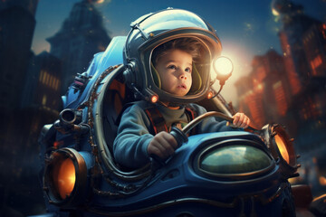 Bright futuristic illustration of a little boy driving a spaceship in the city