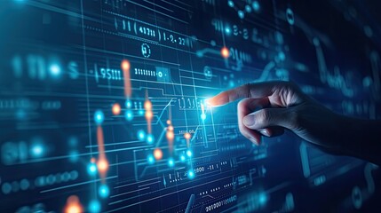 Hand pointing at abstract upward digital chart arrow on blue background. Finance concept