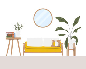 Cozy house interior scene. Minimalist mid-century stylish living room with decor. Home with coffee table, mirror, houseplants, books and sofa. Lounge room design hand drawn flat vector illustration