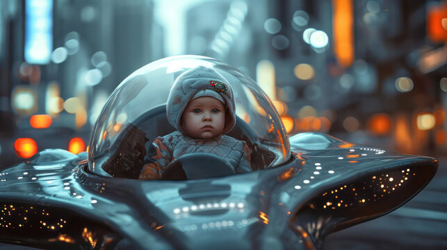 Bright futuristic illustration of a little boy driving a spaceship in the city