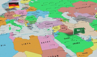 Germany and Saudi Arabia - pin flags on political map - 3D illustration