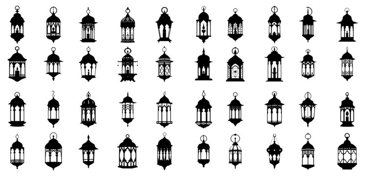 set of silhouette of arabic lantern high detailed. isolated on a transparent background.
