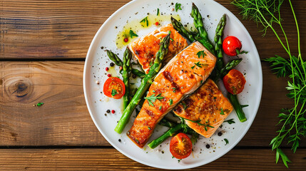 Grilled salmon steak with asparagus and cherry tomatoes on a white plate.