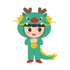 Happy Chinese New Year collection. Chinese boy in dragon costume standing respect on the white background.