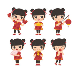 Happy Chinese New Year collection. Cute Chinese girl pose with icons elements.