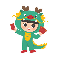 Happy Chinese New Year collection. Chinese boy in dragon costume standing pose with red envelope.