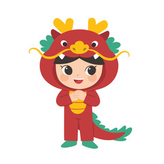 Happy Chinese New Year collection. Chinese girl in dragon costume standing respect on the white background.