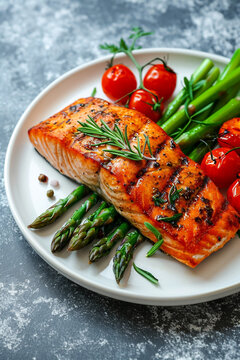 Grilled salmon steak with asparagus and cherry tomatoes on a white plate.